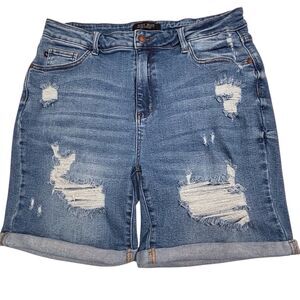 Judy Blue High Rise Mid Length Destroyed Shorts Size 2XL Blue Denim Stretchy